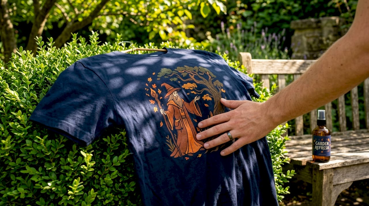 Graphic t-shirt air drying flat on towel