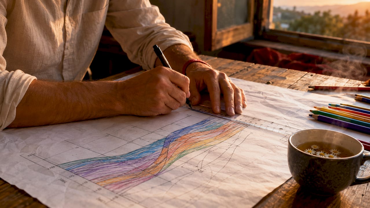 Hands sketching alluvial diagram on paper