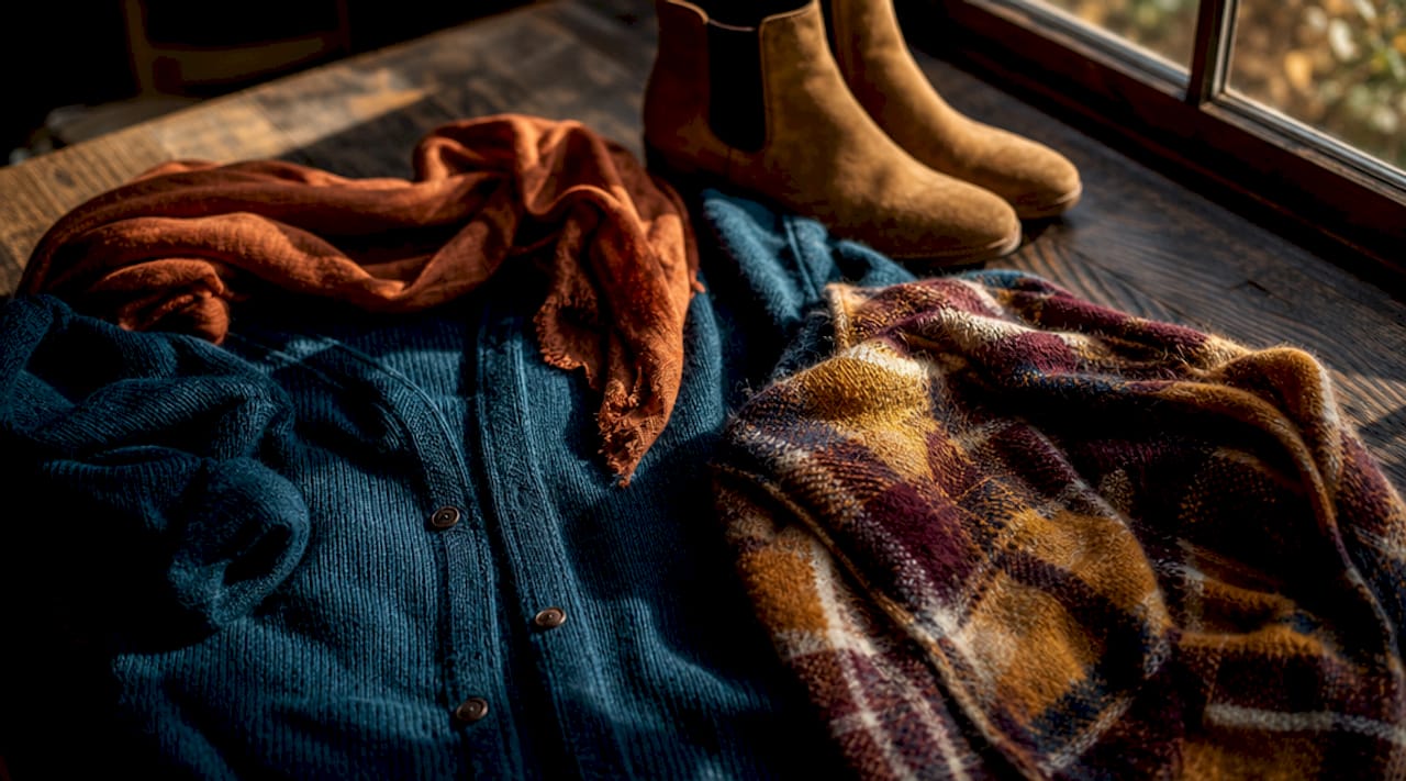 Flat lay of core fall fashion clothing items