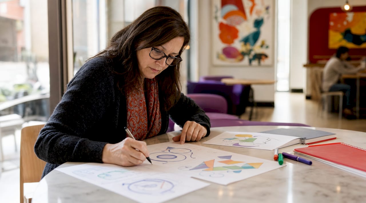Person reviewing Double Diamond design process papers