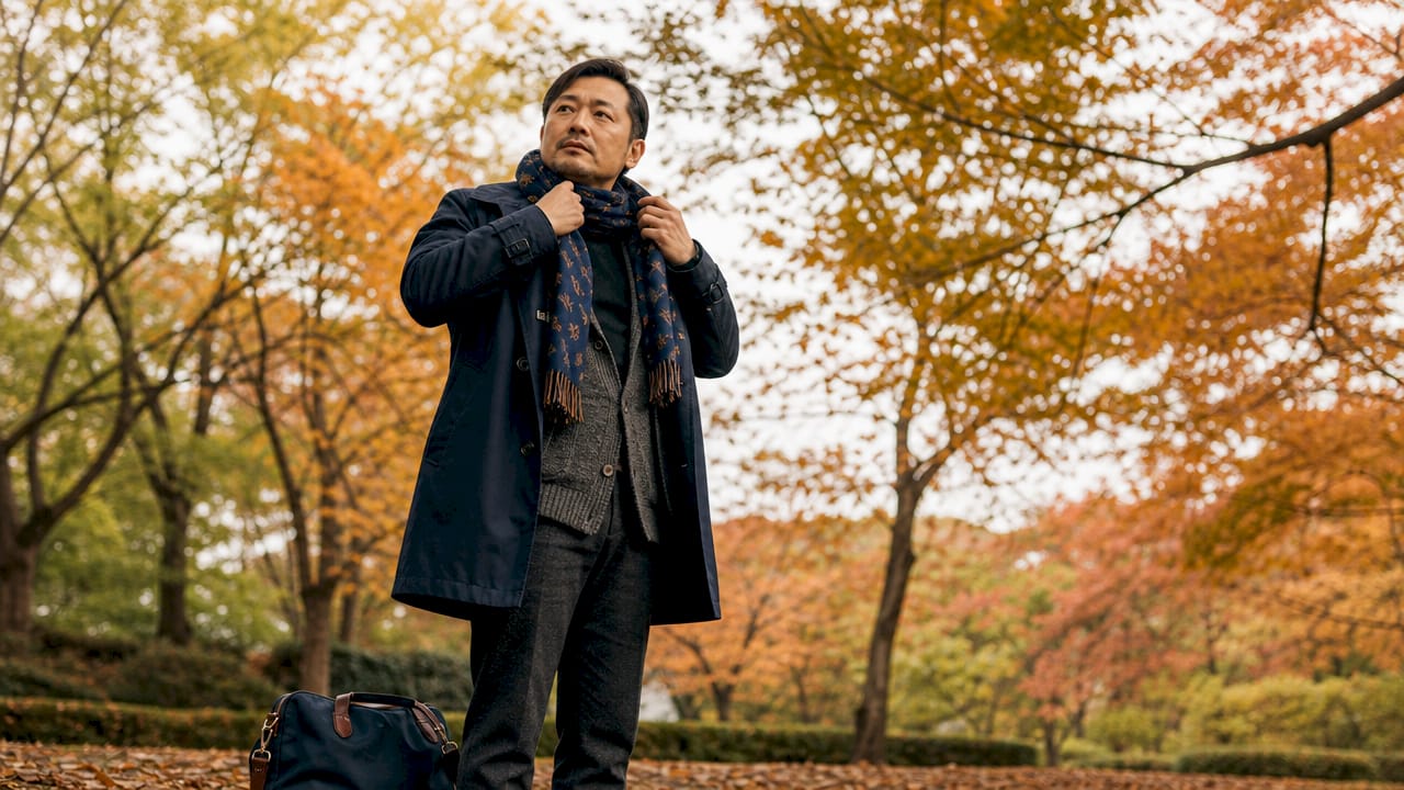 Man adjusting scarf on autumn street with layered outfit
