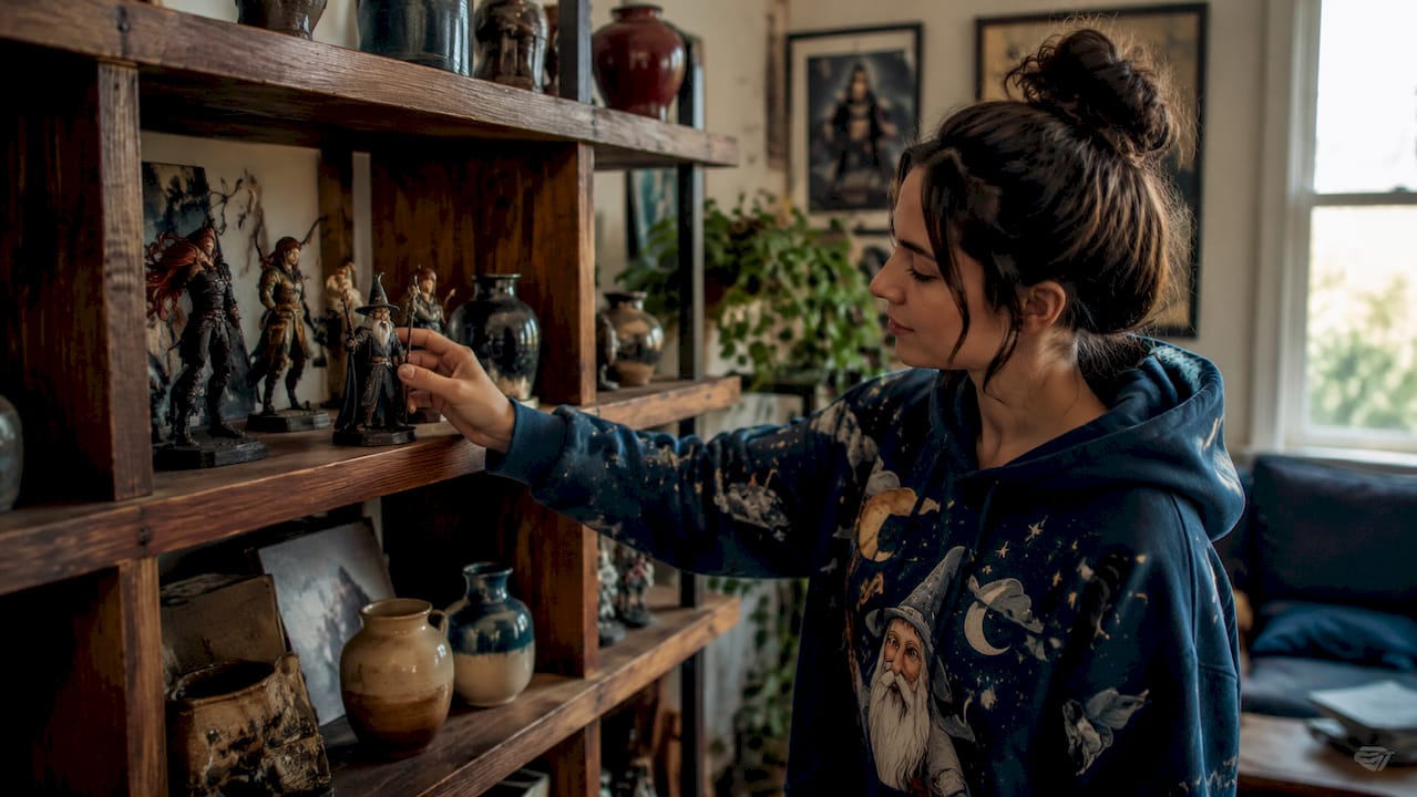 Hands arranging collectibles in display cabinet