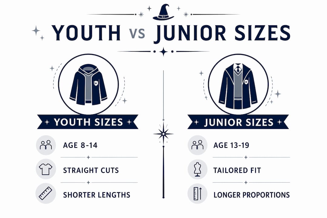 Comparison infographic of youth and junior clothing sizes
