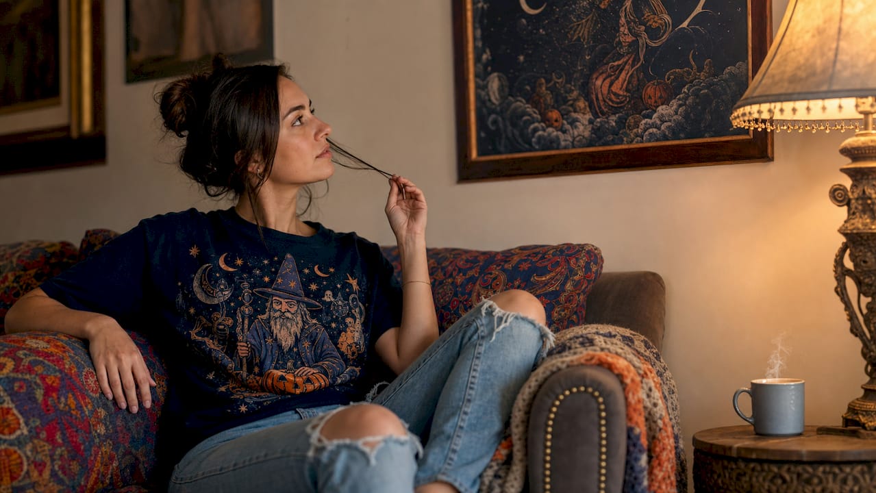 Young woman styling themed t-shirt indoors