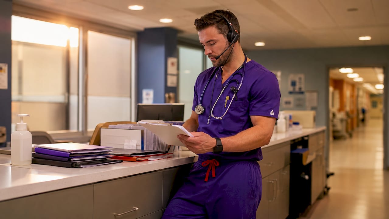 Nurse communicating using hands-free headset in hospital