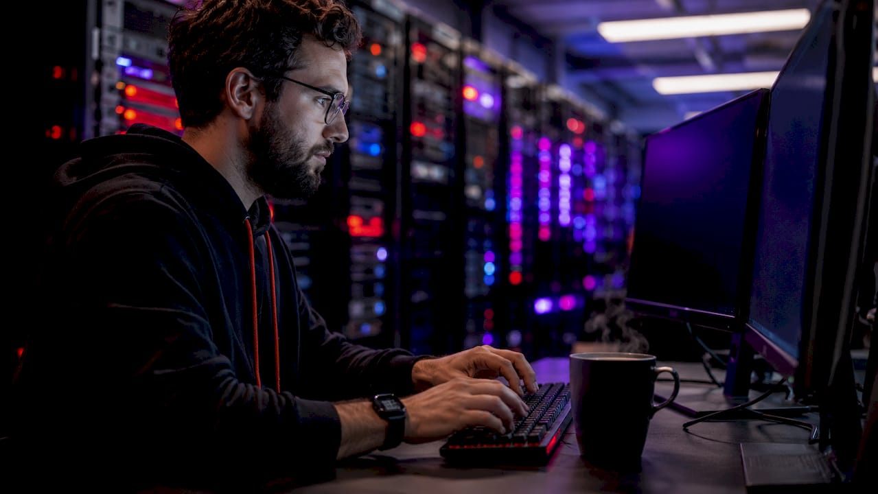 Admin typing commands in server room