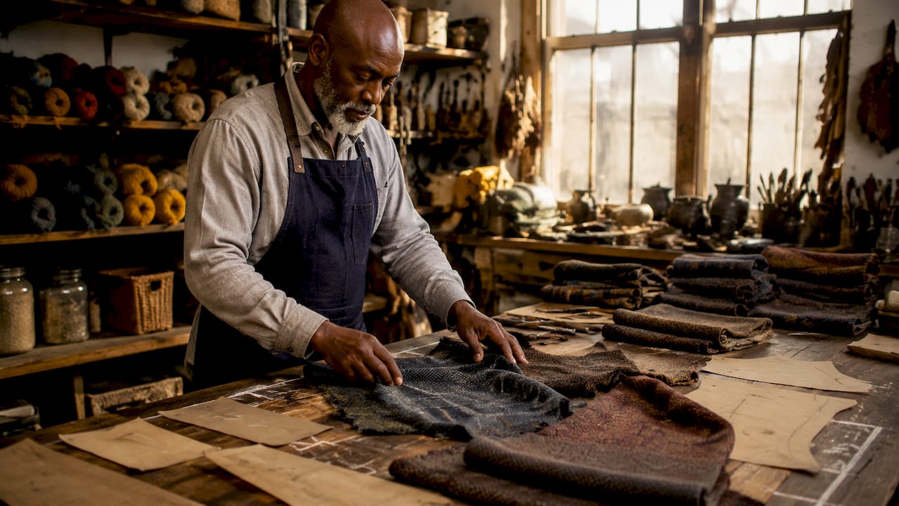 Fabric artisan examining heritage fabrics