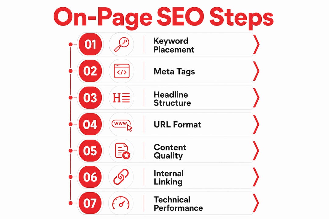 Infographic showing vertical flow of on-page SEO steps