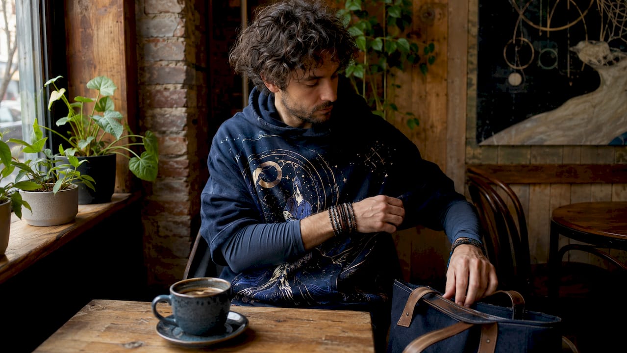 Man layering graphic tee with blazer
