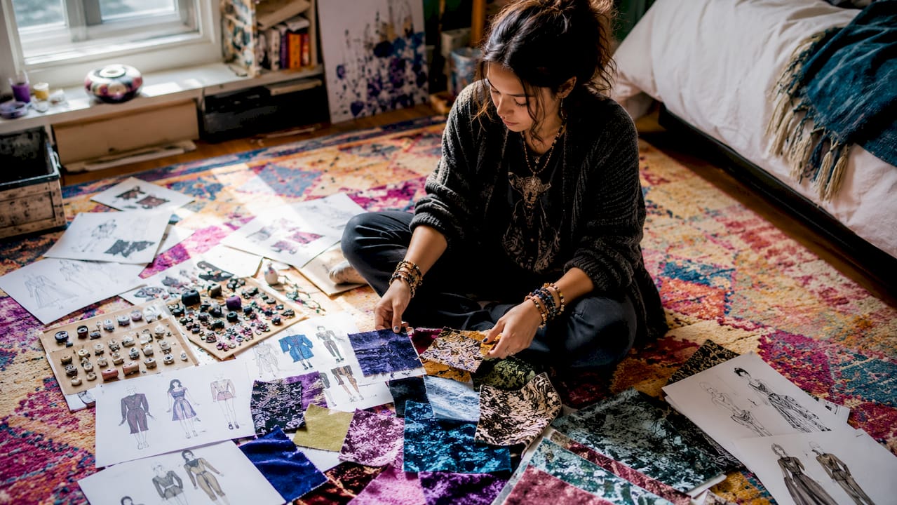 Teen assembling fabric swatches to find style