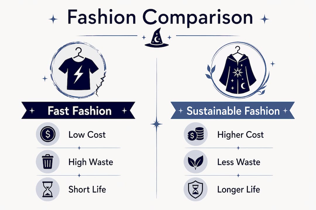 Comparison infographic of fast fashion versus sustainable family clothing