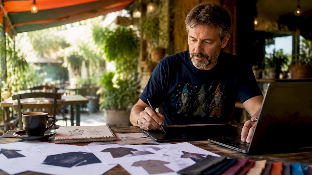 Merchandiser designing licensed apparel mockups at desk