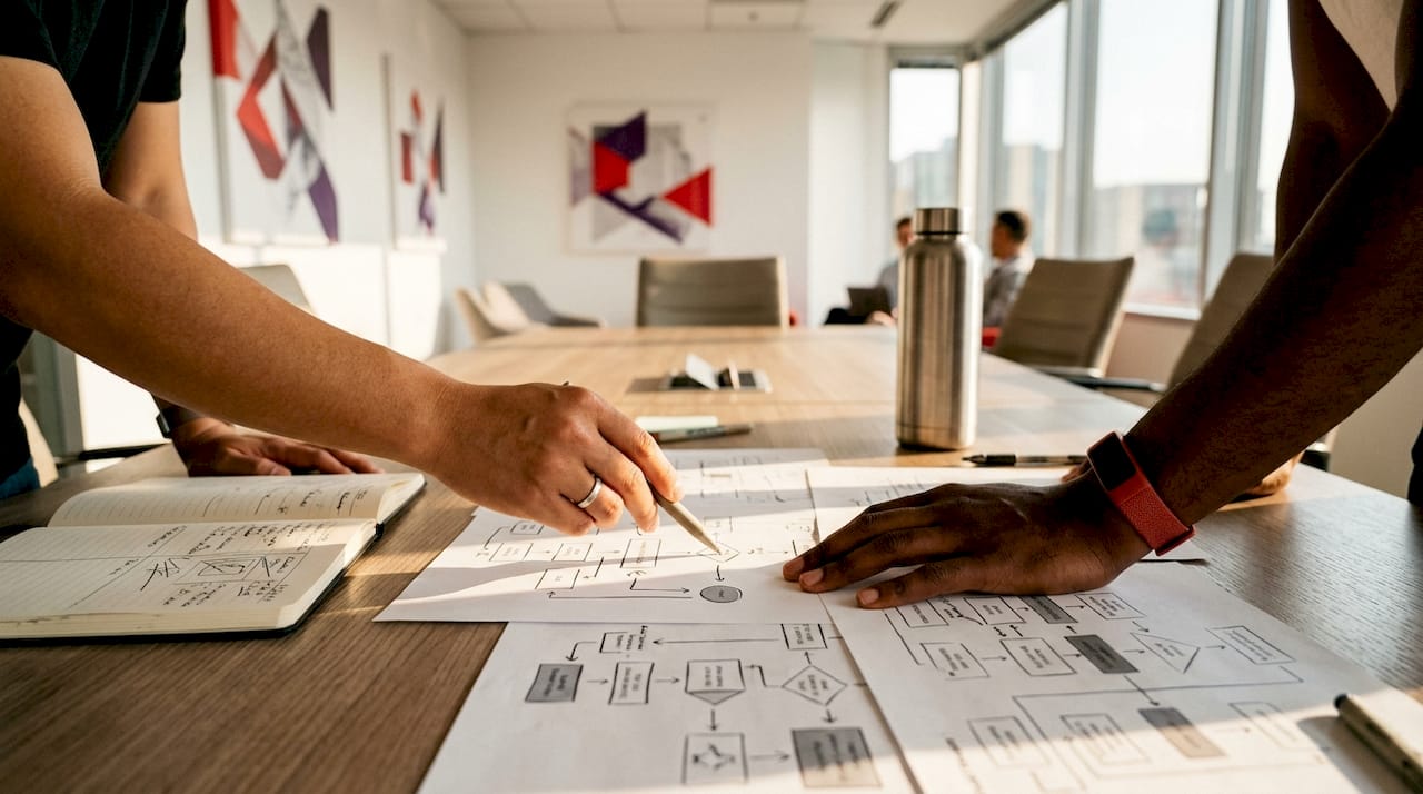Hands typing on keyboard beside workflow charts