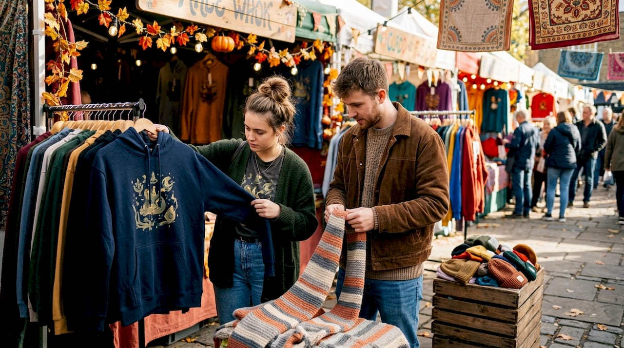 Shoppers examining seasonal sales clothing