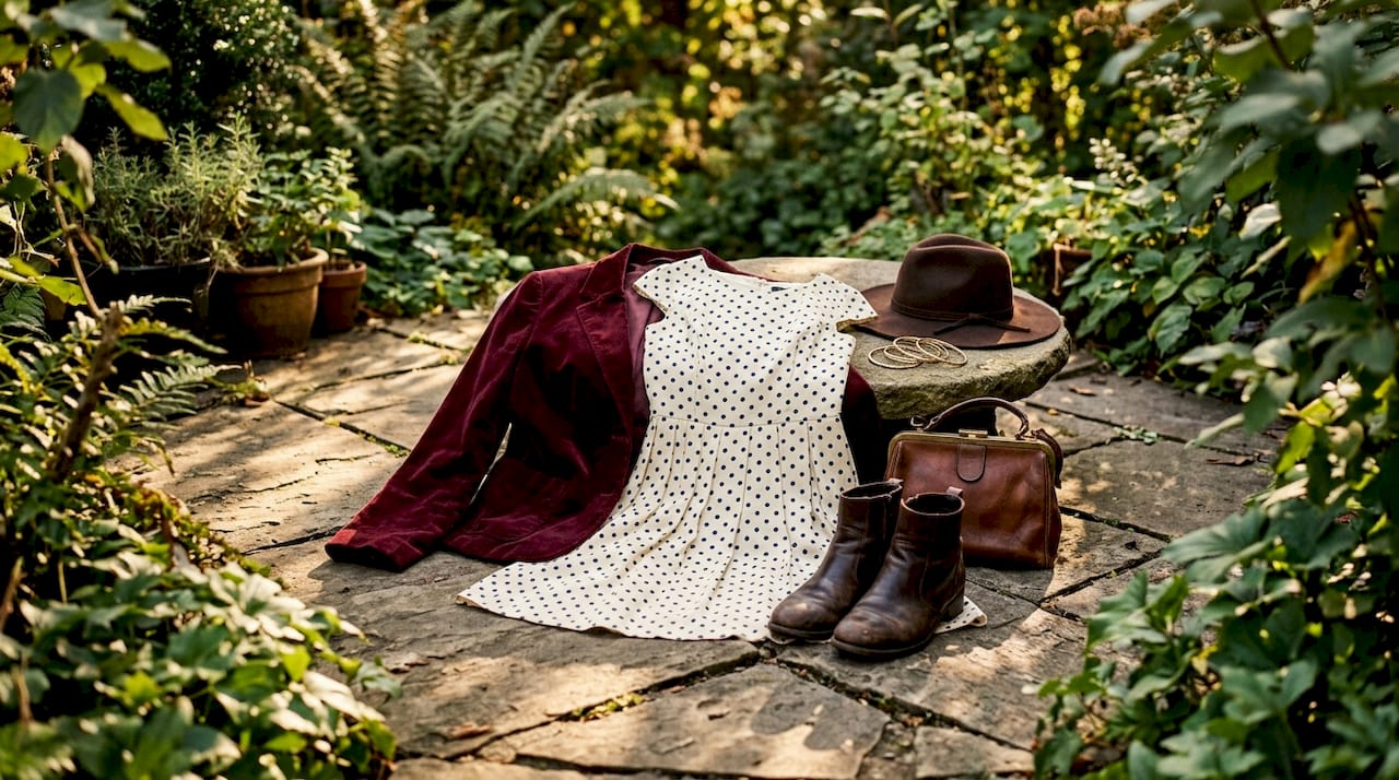 Flat lay of vintage-styled clothing and accessories