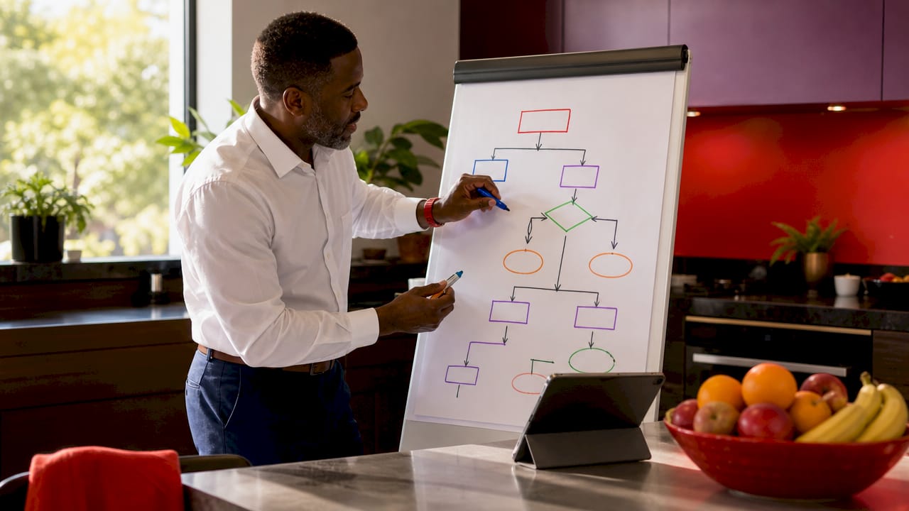 Man mapping business workflows on office whiteboard