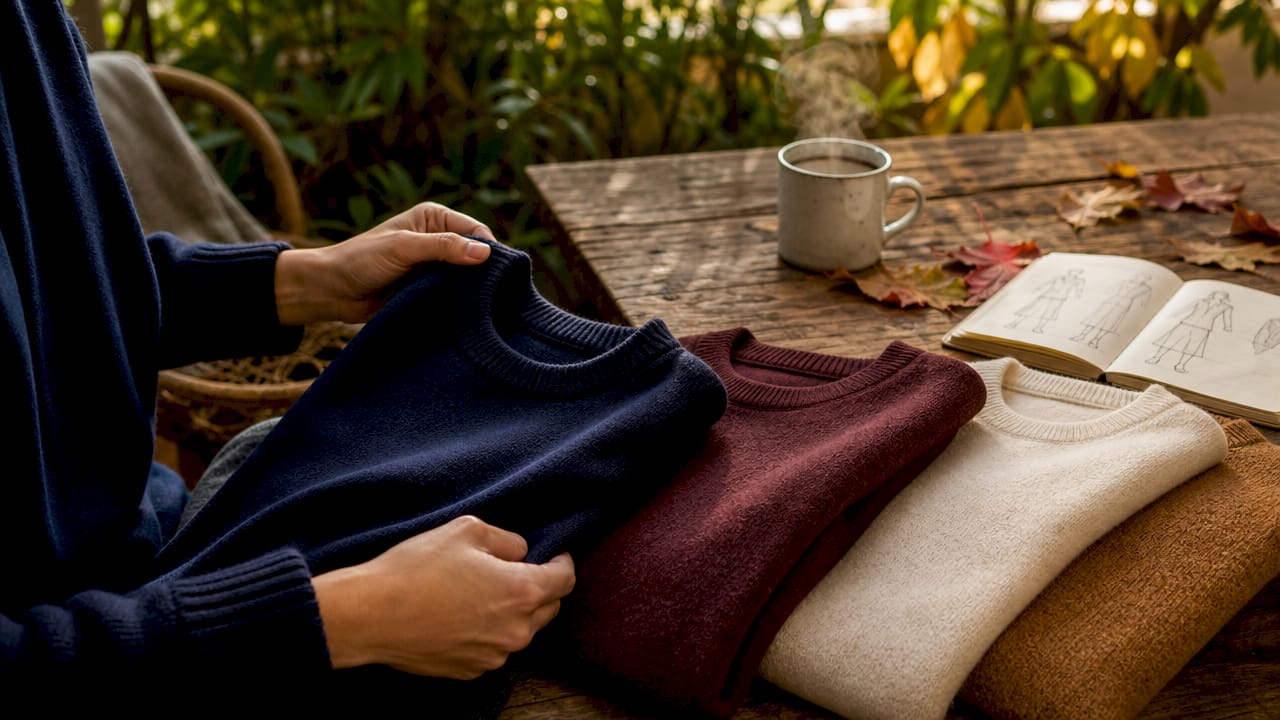 Hands selecting fold of burgundy fall top on table