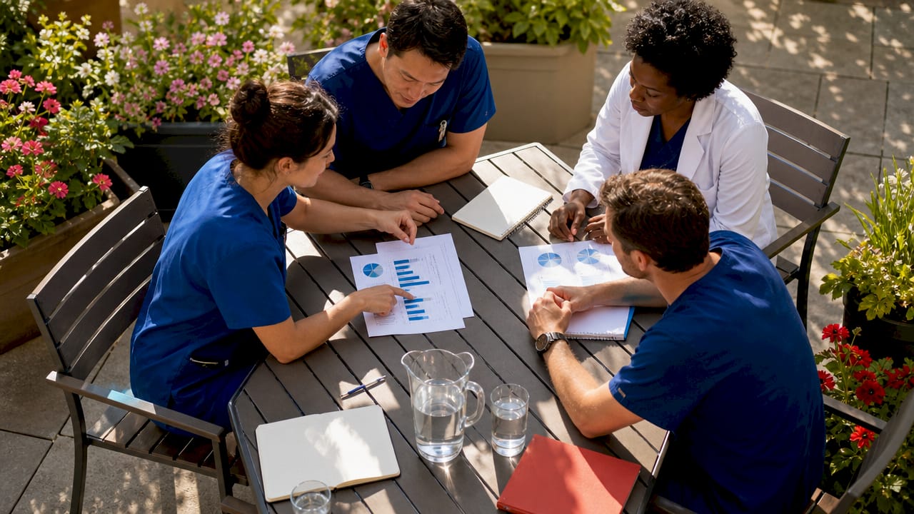 Healthcare team collaborating over analytics reports