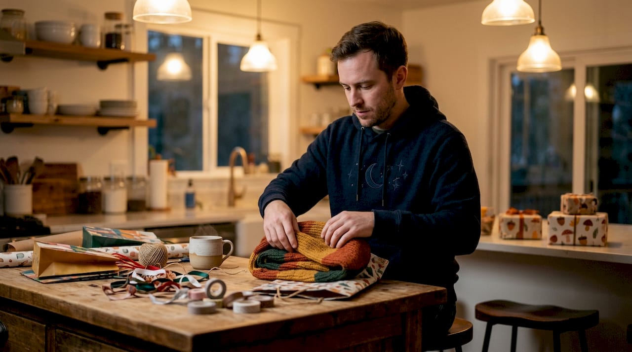 Man wrapping cozy scarf for gift at home
