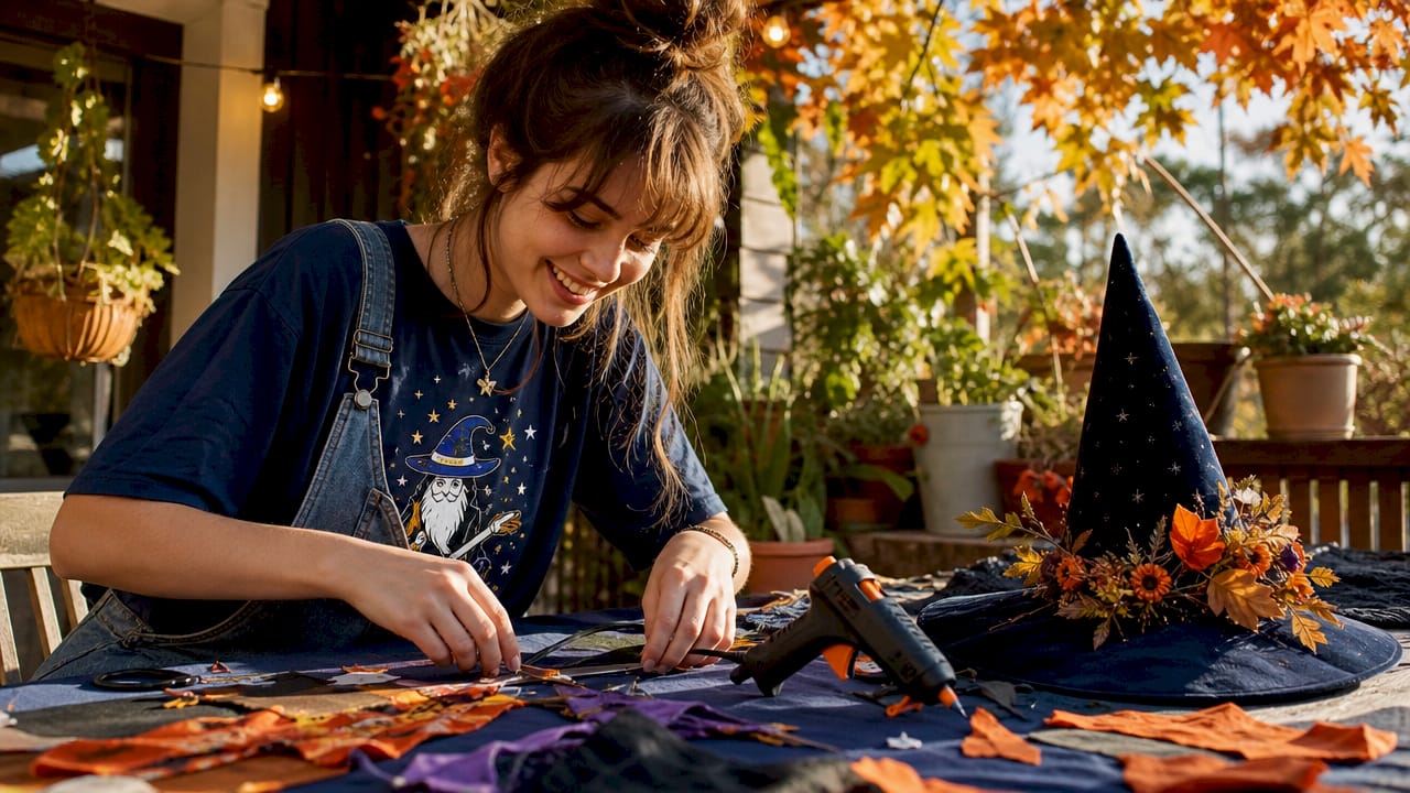 Hands crafting homemade Halloween costume at table
