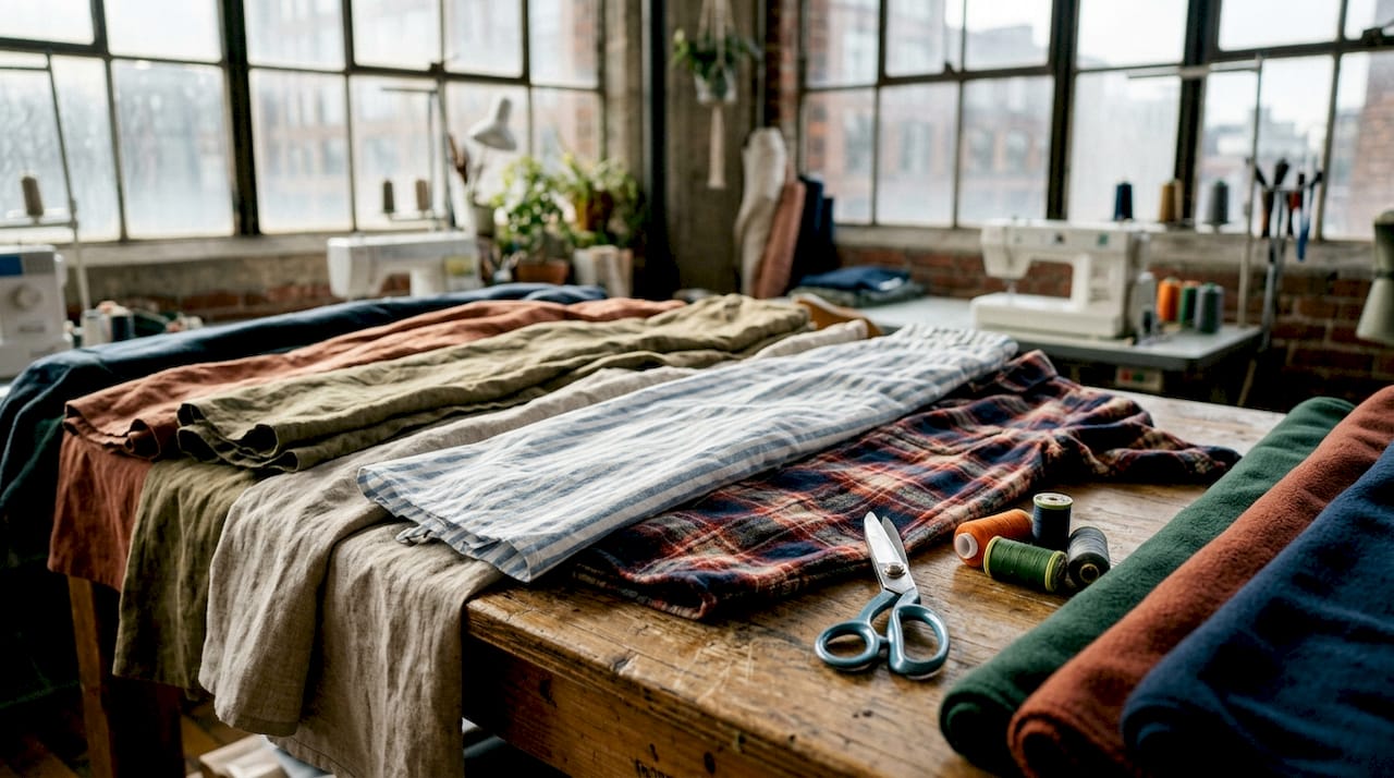 Stack of denim and cotton casual fabrics