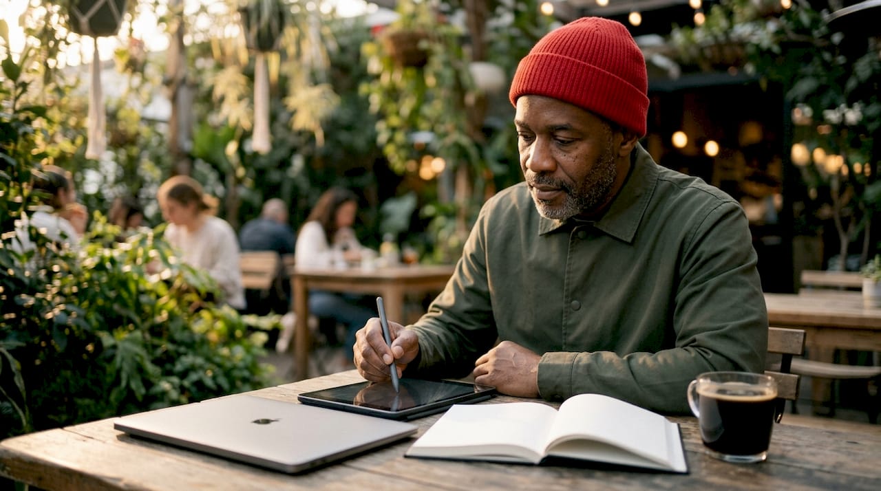 Man writing SEO content at co-working space