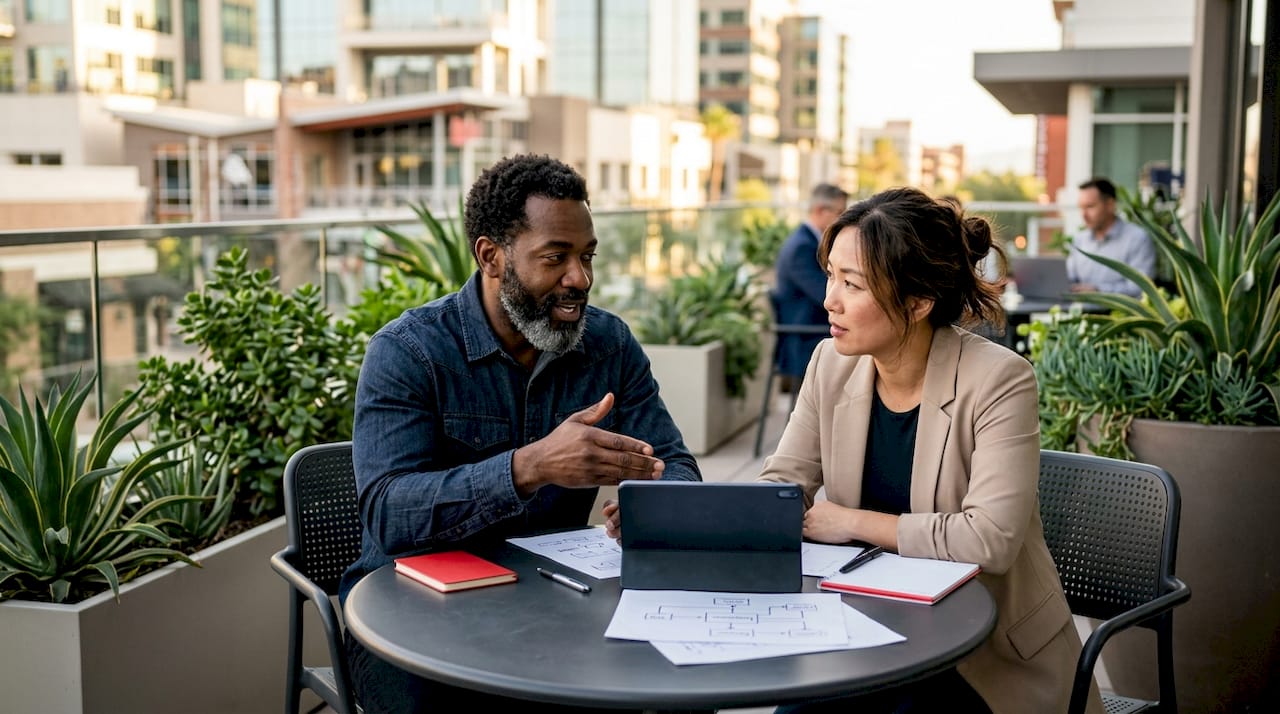 Two professionals discussing software integration