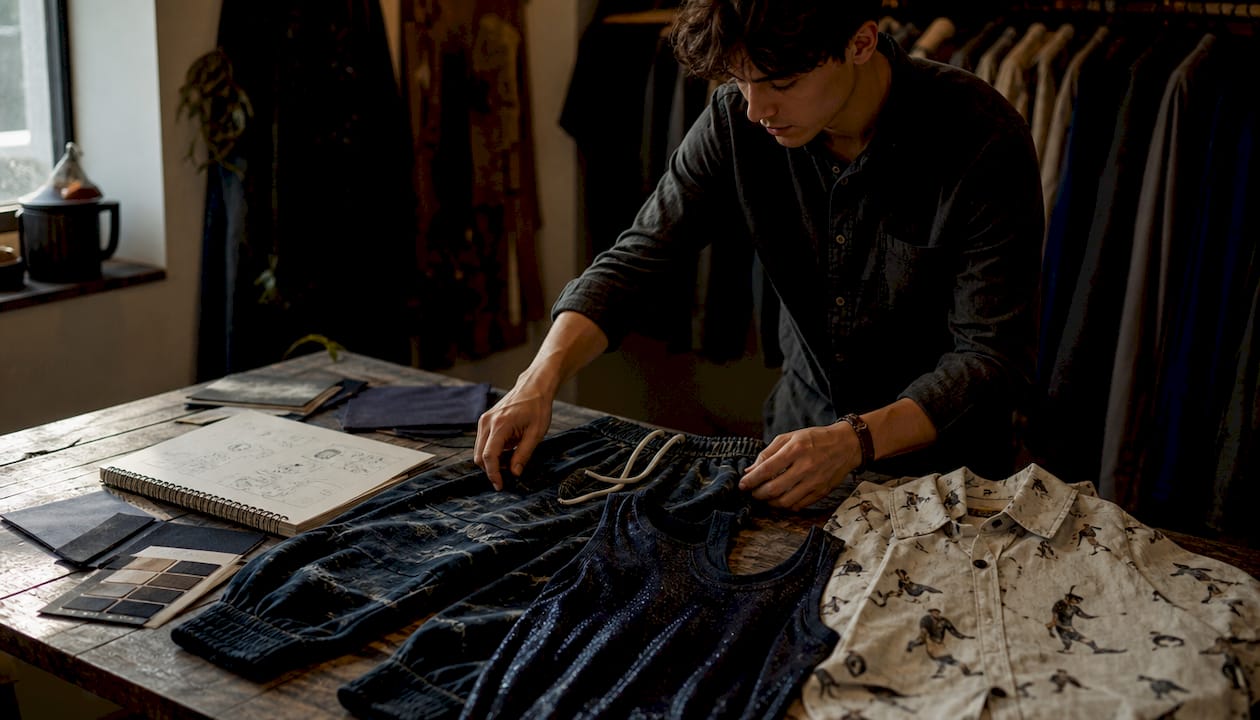Overhead view casual cotton and denim clothes