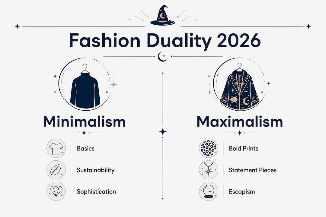 Infographic contrasting minimalism and maximalism 2026