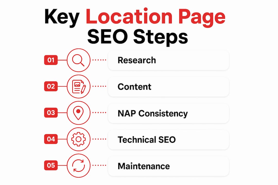 Infographic illustrating location page SEO key steps