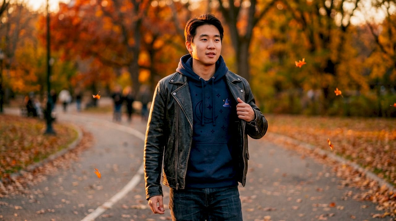 Man layering graphic hoodie under leather jacket