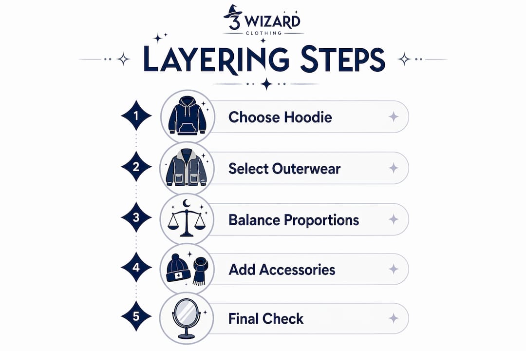 Infographic showing steps for layering graphic hoodies