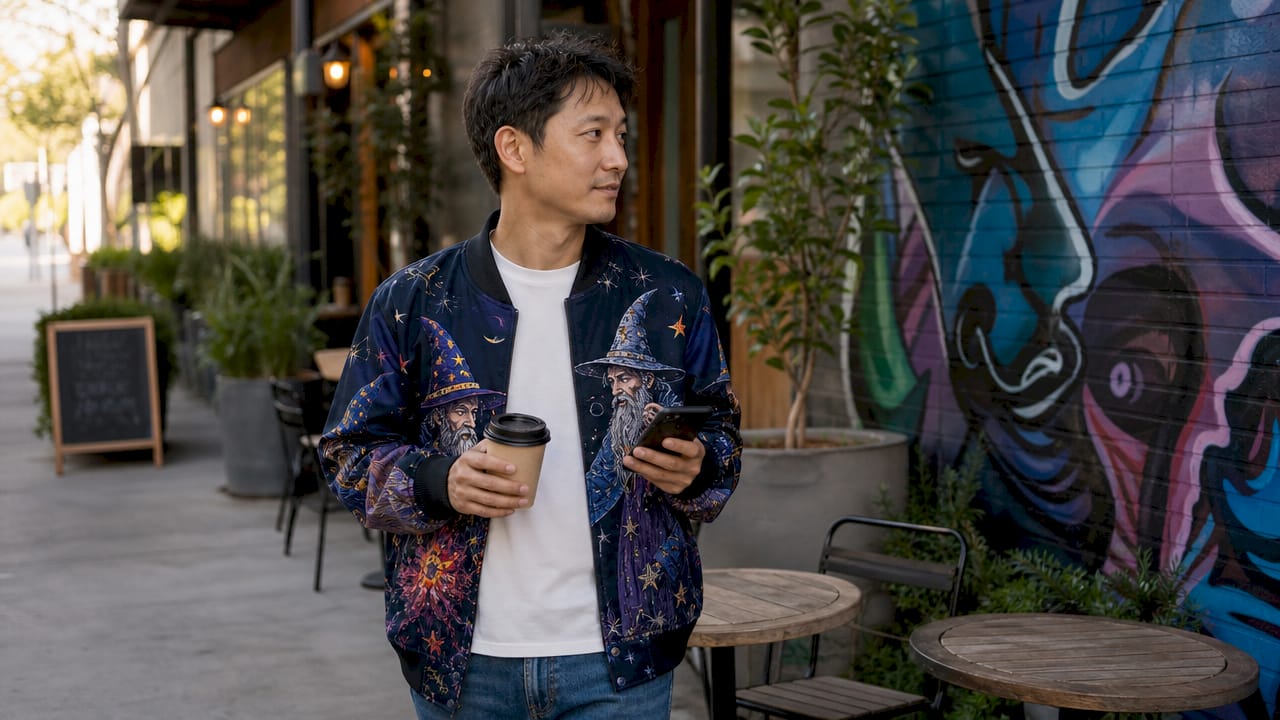 Man walking city street in personalized jacket