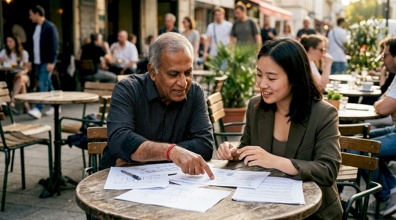 Two professionals discussing content syndication contracts