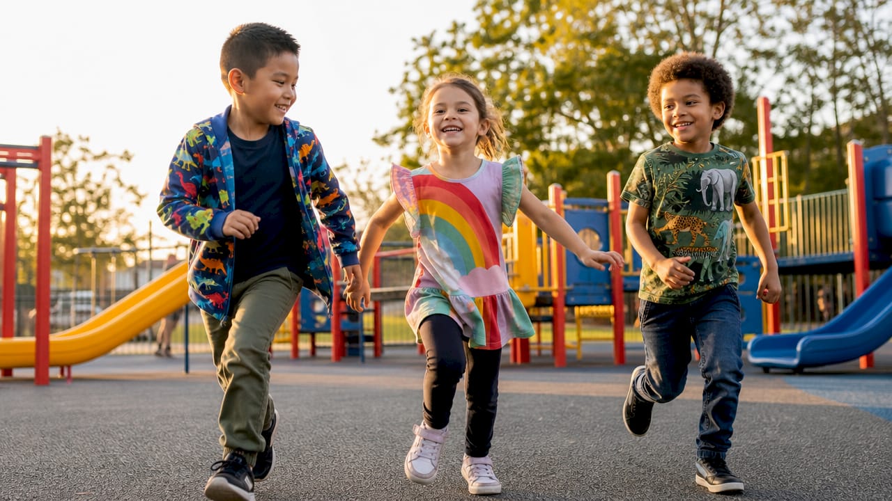 Children modeling 2026 themed clothing styles outdoors