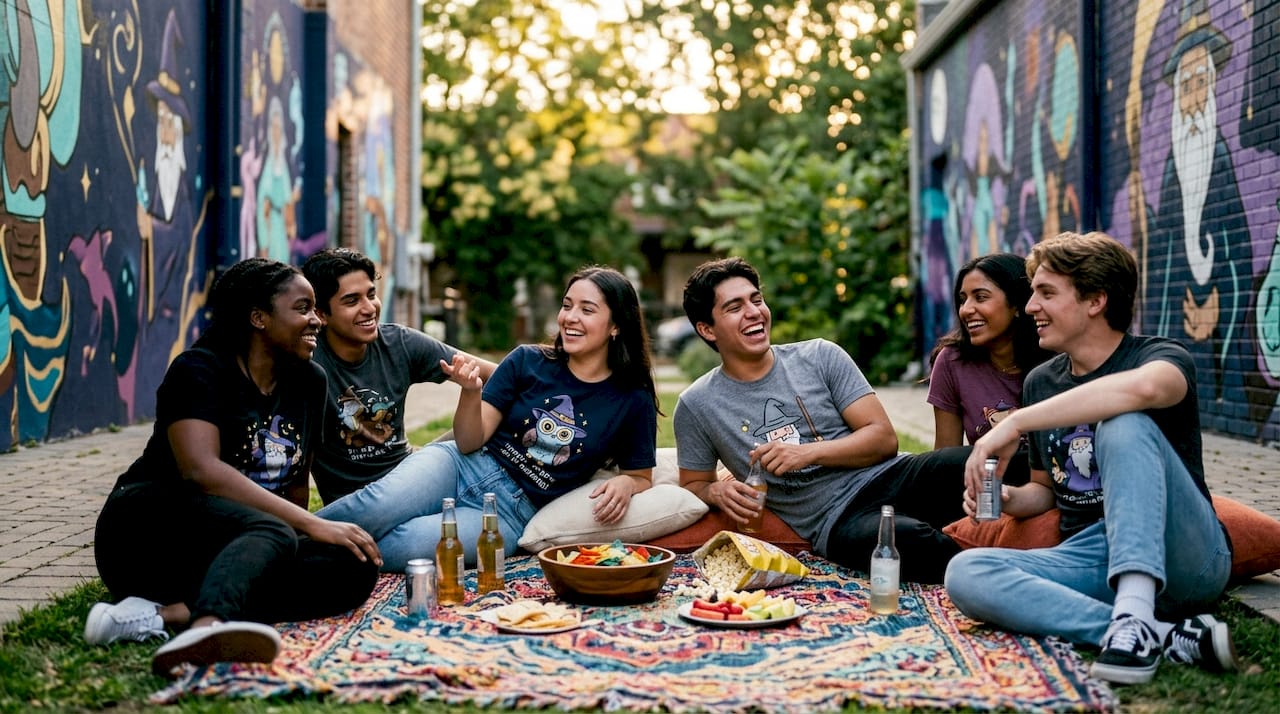Group socializing wearing novelty t-shirts outdoors