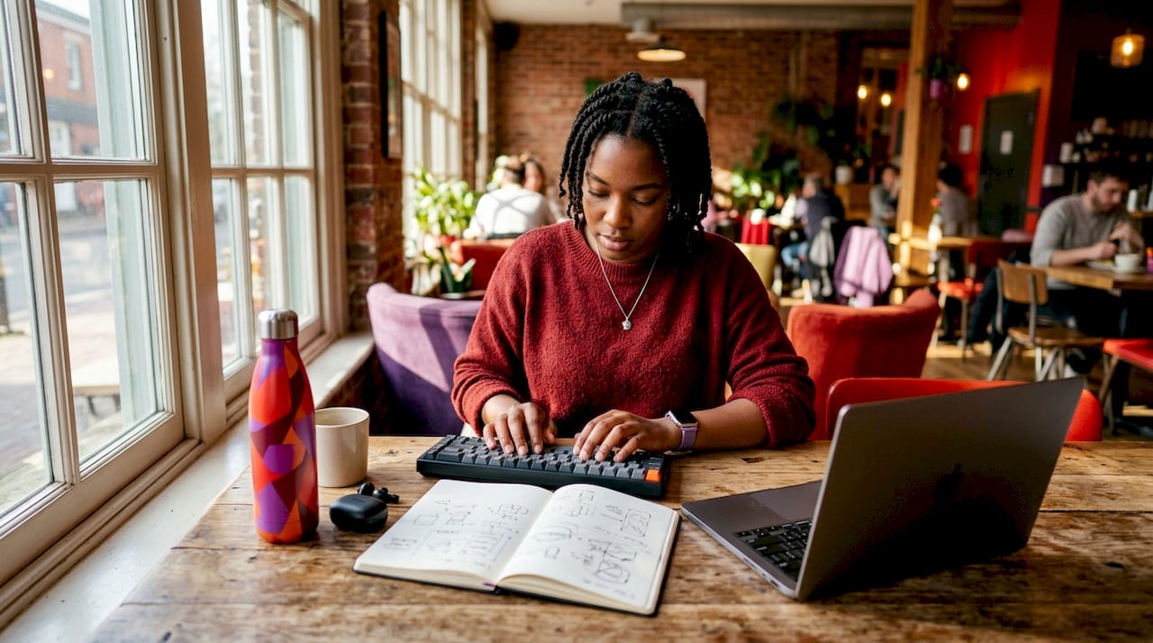 Hands typing at modern home workspace