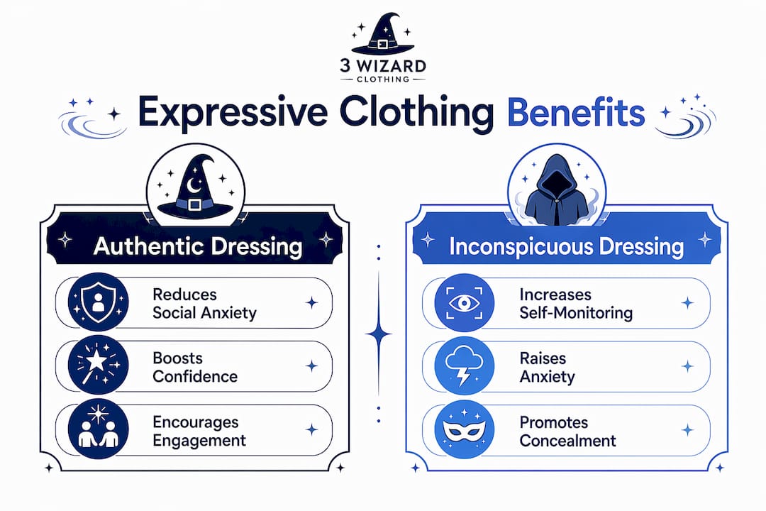 Infographic comparing benefits of authentic vs inconspicuous dressing