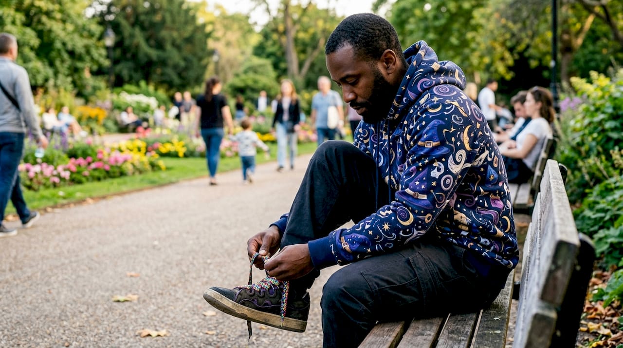 Man tying shoelaces wearing expressive hoodie at café
