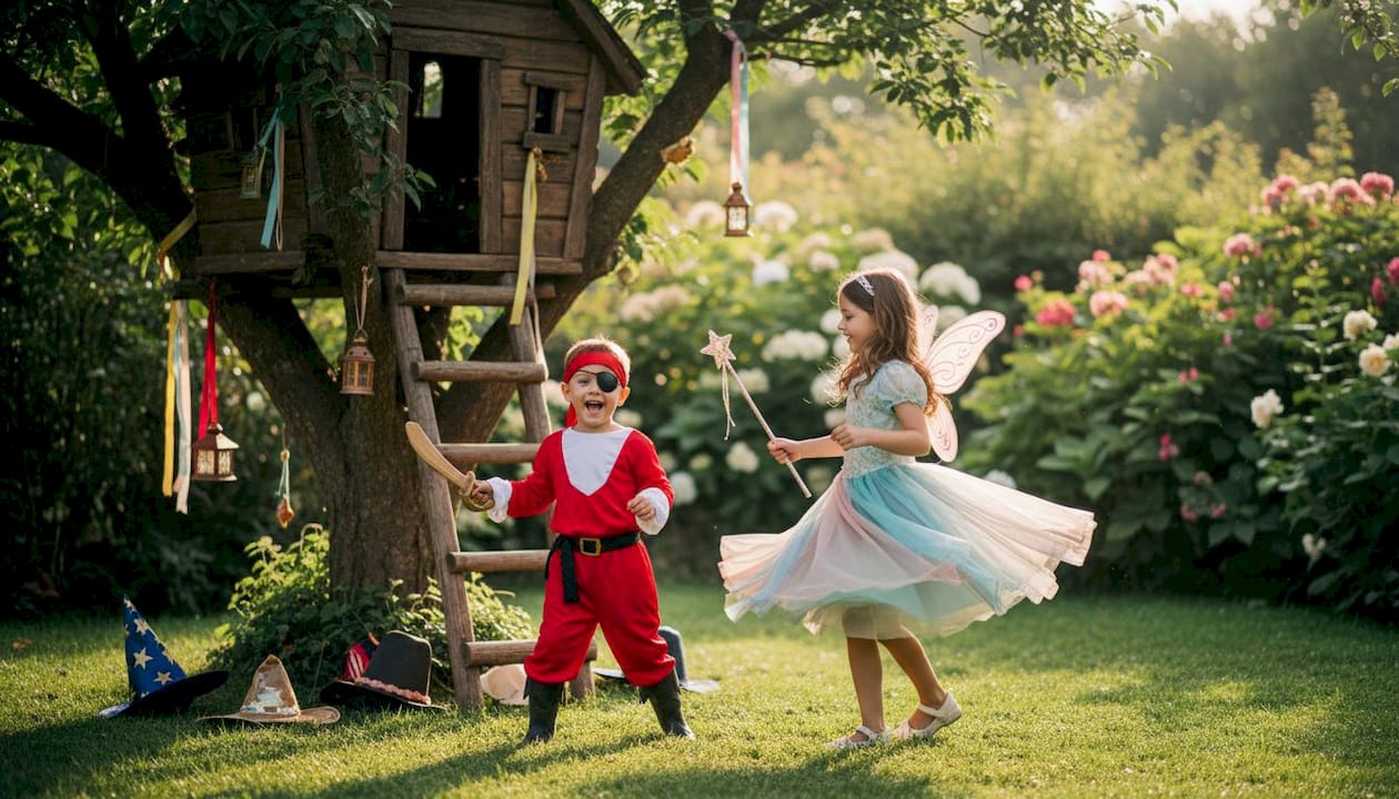 Children playing dress-up in colorful costumes