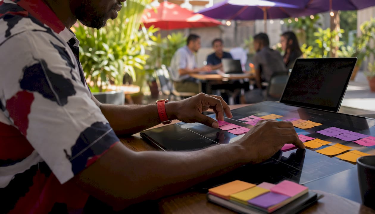 Hands managing deployment workflows on touchscreen table