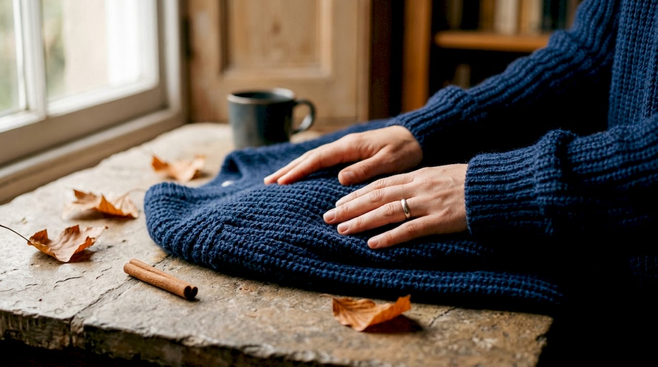 Close-up of chunky knit sweater fabric texture