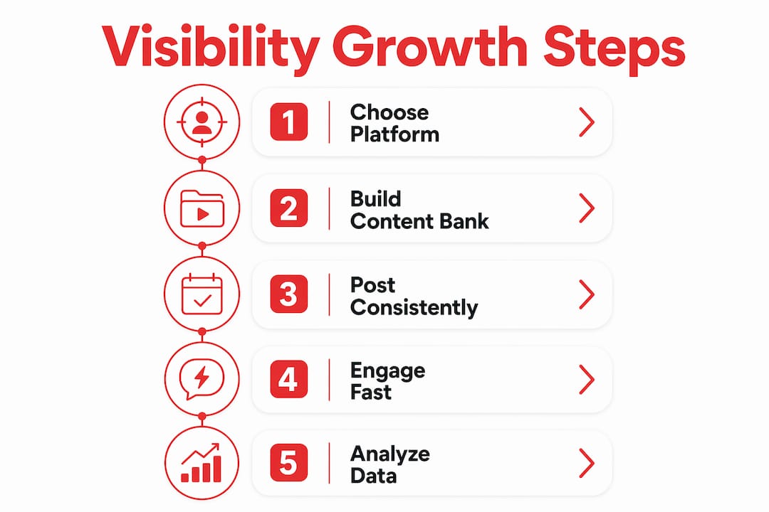 Infographic illustrating steps to grow social media visibility