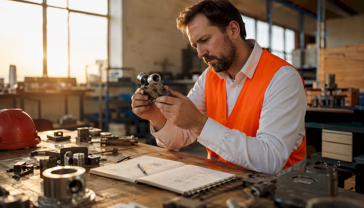 Engineer inspecting metal prototype piece