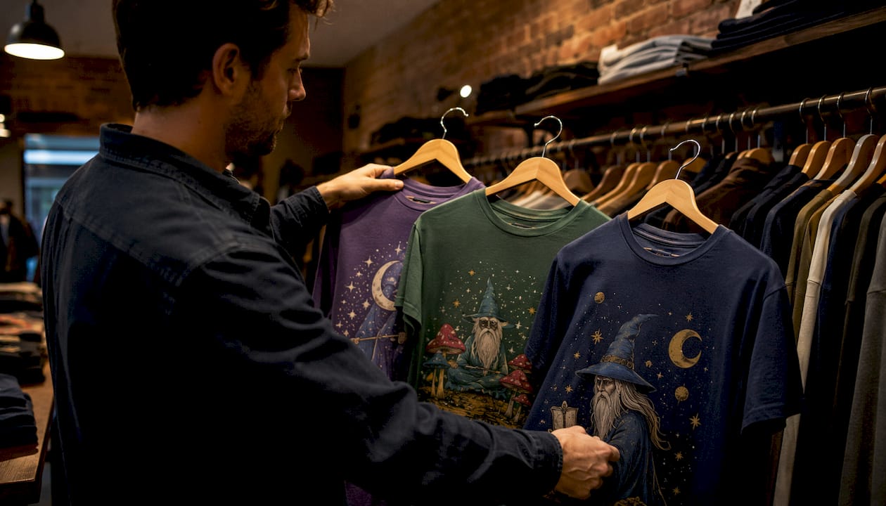Man comparing three shirts in clothing store