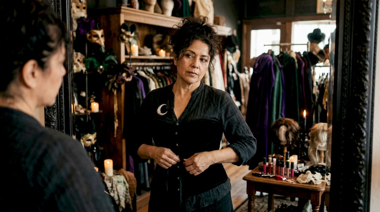 Woman adjusting witch costume cape in dressing room