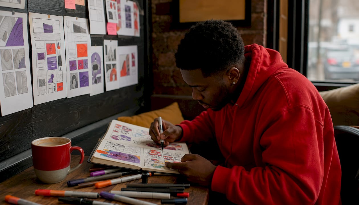 Designer sketching YouTube thumbnails overhead view
