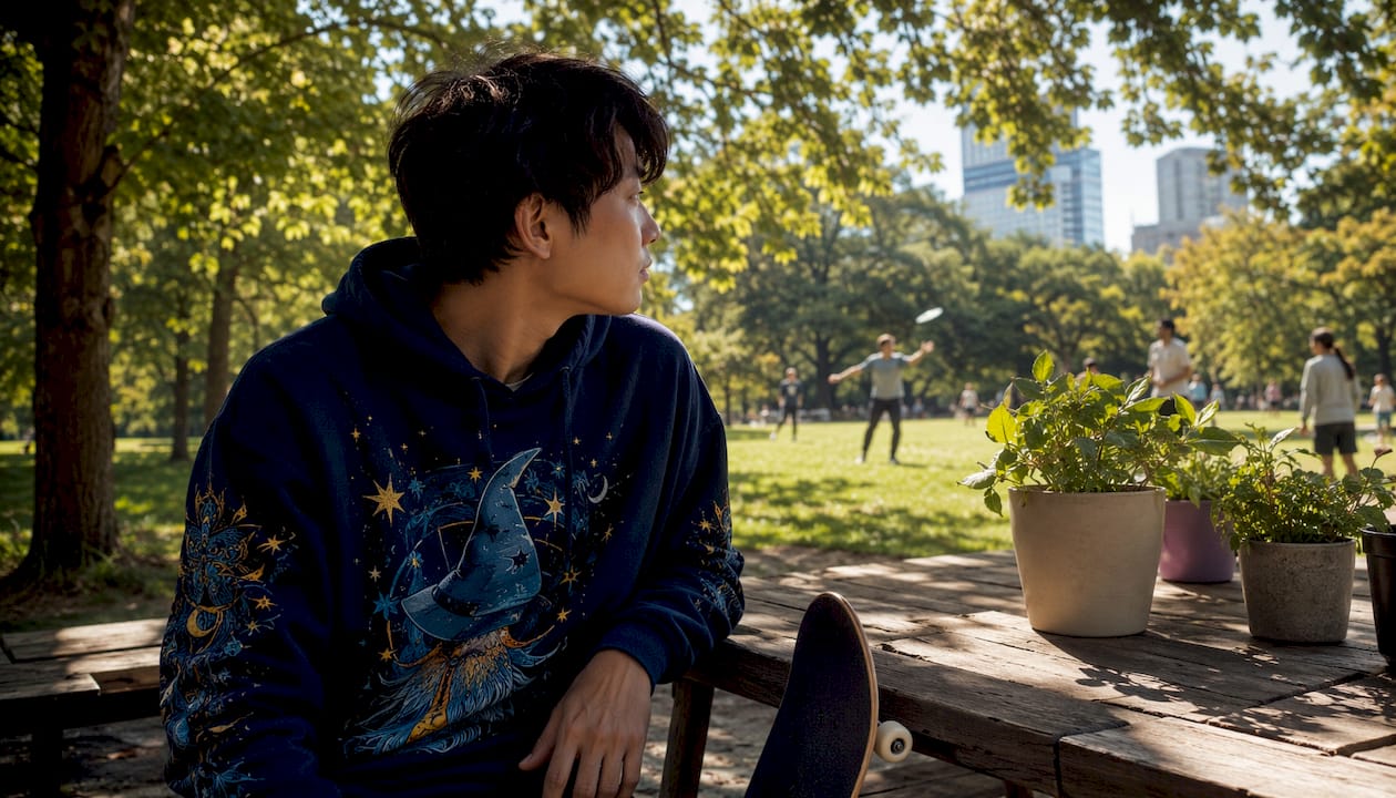 Man in graphic hoodie reflecting cultural identity