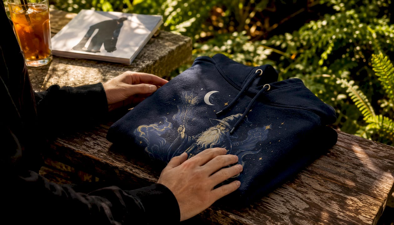 Hands touching soft fabric of graphic hoodie