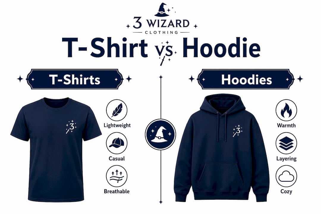 Infographic comparing t-shirt and hoodie characteristics